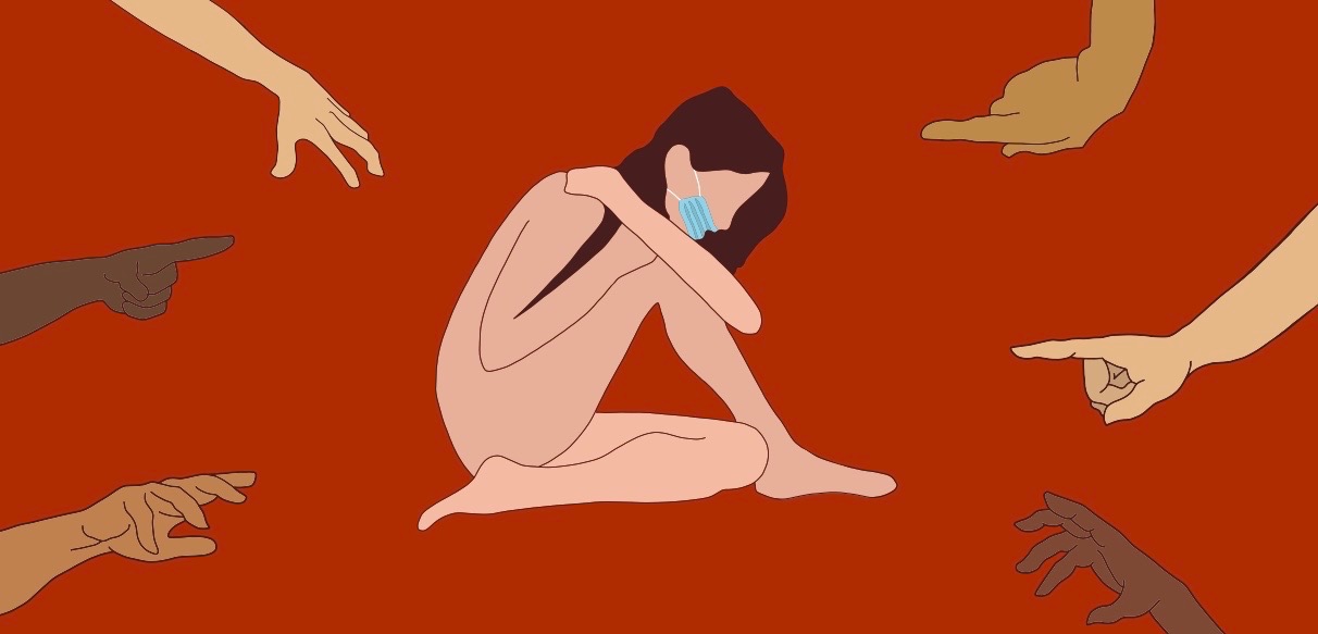 Woman crouching, wearing a cold mask